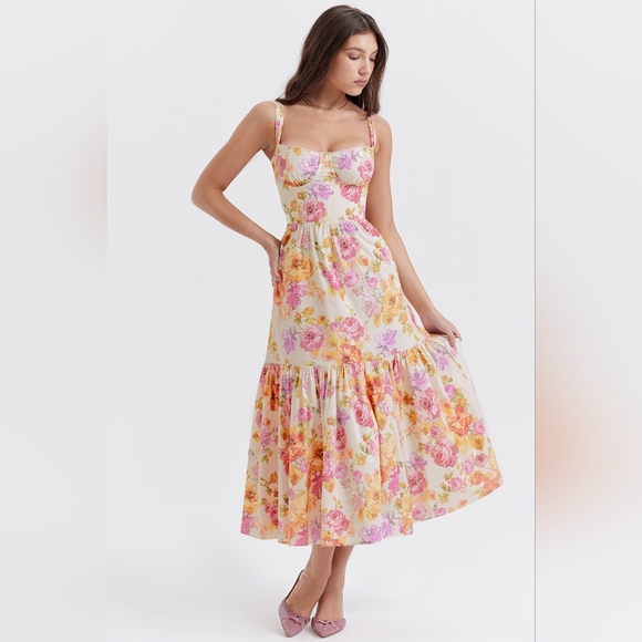 NWT House of Cb Elia Ivory Floral Corset Midi Sundress Dress L - Picture 1 of 10